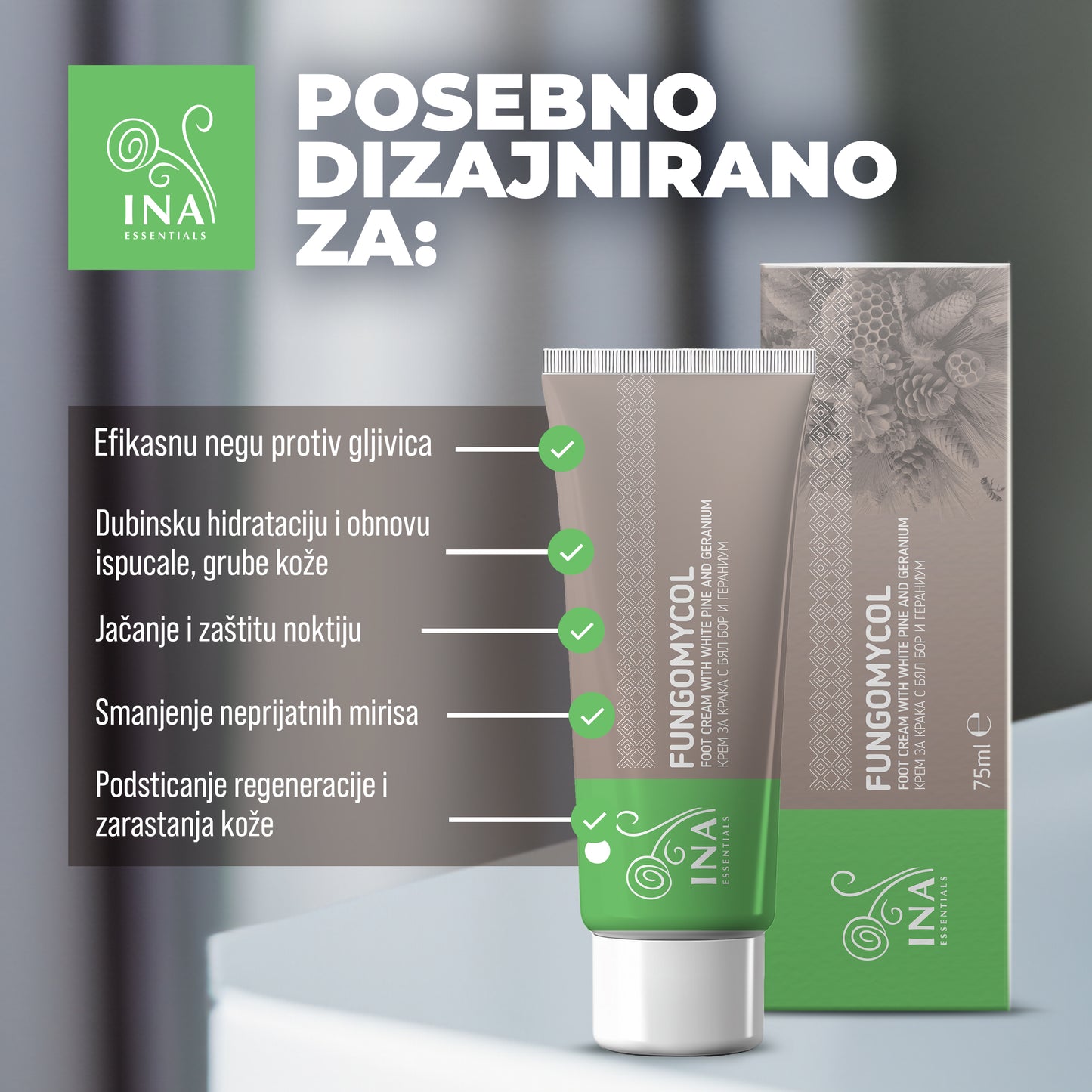 2 u 1 krema za gljivice na noktima i suvu, ispucalu kožu – sa belim borom, uream i geranijumom