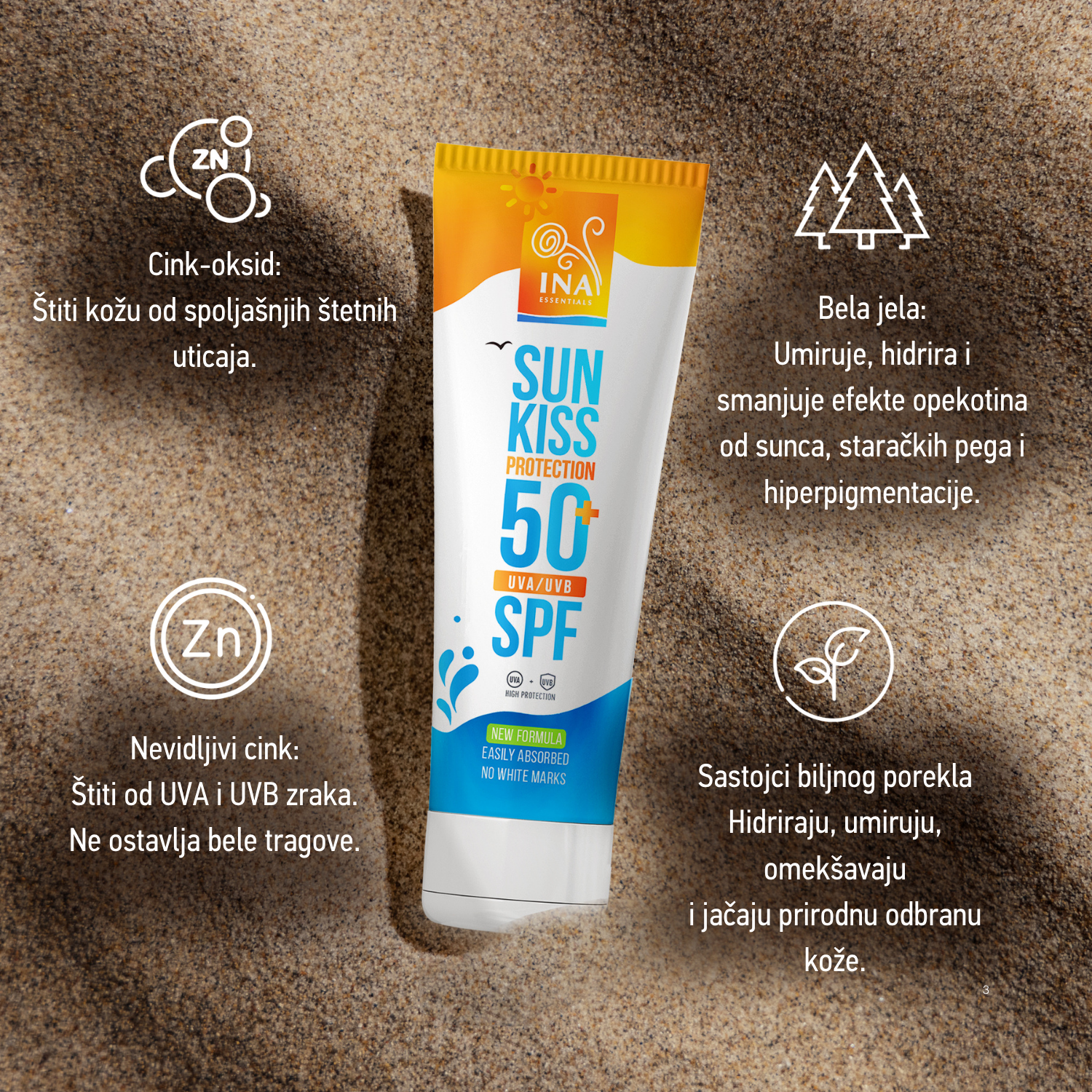 Prirodna Krema za Sunčanje za Lice i Telo SPF 50+ sa Organskom Belom Jelom